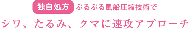 独自処方、ぷるぷる風船圧縮技術でシワ、たるみ、クマに速攻アプローチ